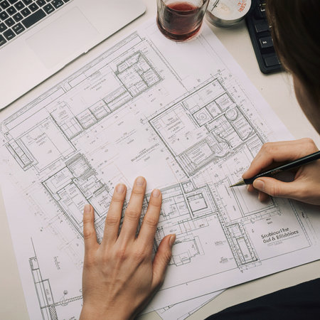 Architect working on blueprint in office. Architectural project. Architectural background.の素材
