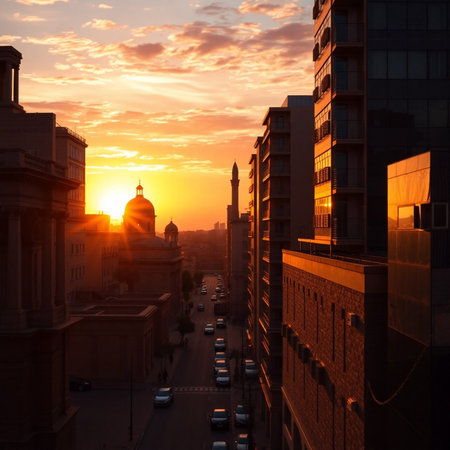 Sunset over the streets of the city of Cairo, Egypt.の素材