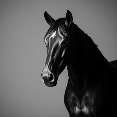 Portrait of a beautiful black stallion on a gray background.の素材
