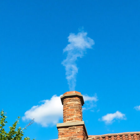Smoke from the chimney of a brick house against the blue skyの素材