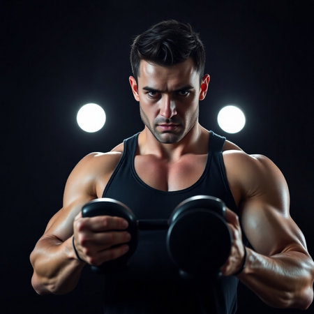 Portrait of a young muscular man lifting dumbbells over black backgroundの素材