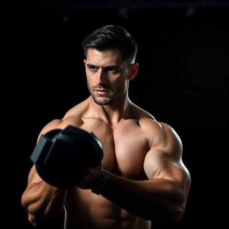 Handsome young man working out with dumbbells on black backgroundの素材