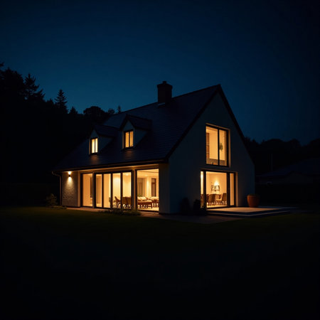 Night view of modern cozy house with garage and pool for sale or rentの素材