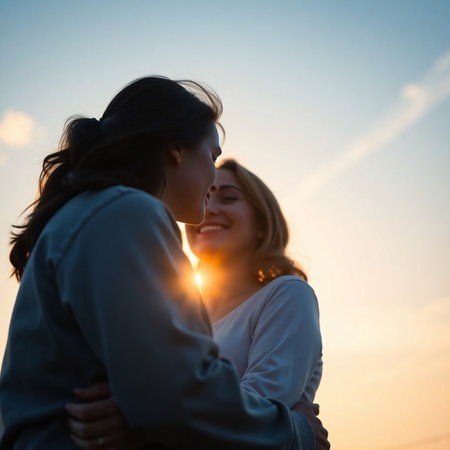 Close up portrait of two young women hugging each other on sunset backgroundの素材