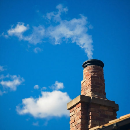 Smoke from chimney on blue sky background with copy space.の素材