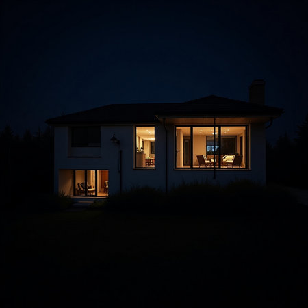 3d rendering of modern cozy house with garage and pool for sale or rent. Dark night with many stars on the sky.の素材