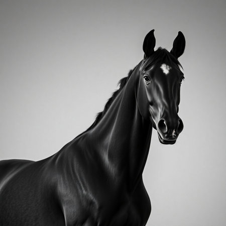 Black horse portrait isolated on gray background. Studio shot. Side viewの素材