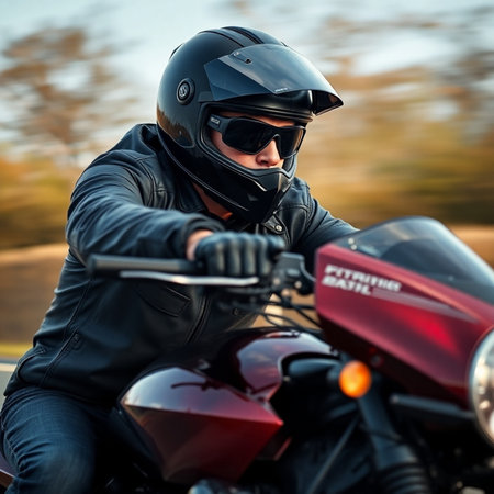 Motorcyclist in helmet and black leather jacket on a motorcycle.の素材