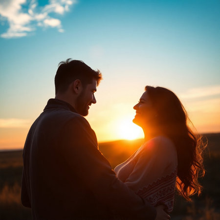 Young couple in love on the background of the setting sun in the fieldの素材