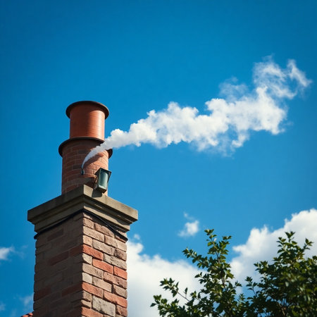 Smoke from the chimney of a brick house against the blue skyの素材