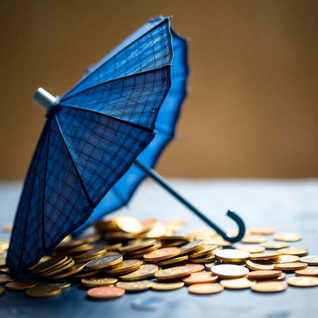 Financial concept. Umbrella and coins on the table. Selective focus.の素材