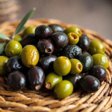 Olives in a wicker basket on a wooden background. Selective focus.の素材