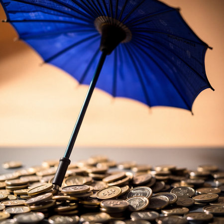 Coins and Umbrella. Business concept. Money rain. Selective focus.の素材