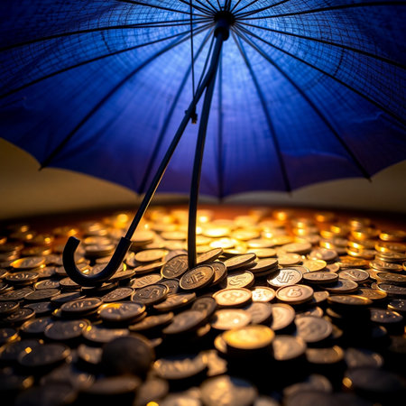 Coins under an umbrella in the rain. Financial concept. Selective focus.の素材