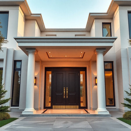 Exterior of modern luxury house. Perspective view of entrance porch.の素材