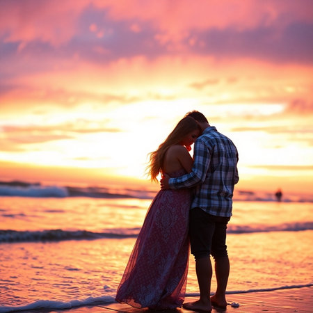 Romantic young couple embracing on the beach at the sunset time.の素材