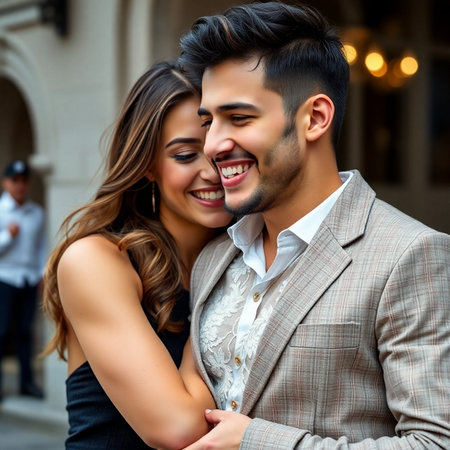 Beautiful young couple in love hugging and smiling on the street.の素材