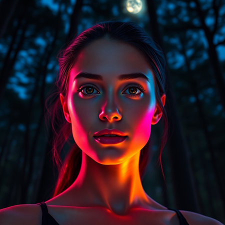 Portrait of a beautiful young woman in the forest at night.の素材