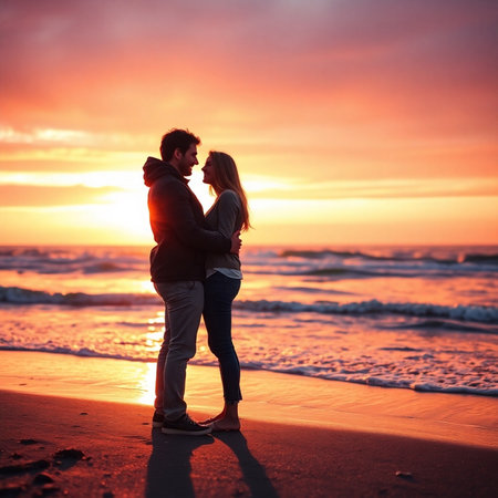 Romantic young couple embracing and kissing on the beach at beautiful sunsetの素材