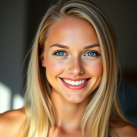 Portrait of a beautiful young woman with blue eyes and blond hair.の素材