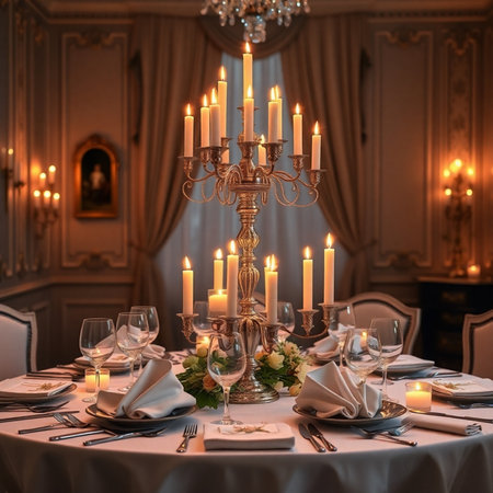Elegant table setting with candles, glasses and cutleryの素材