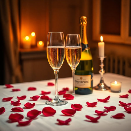 Two glasses of champagne and rose petals on a table in a restaurantの素材