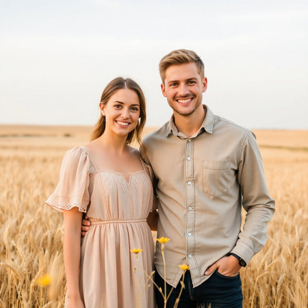 happy young couple hugging and smiling at camera while standing in wheat fieldの素材