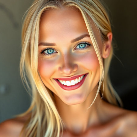 Portrait of a beautiful young blonde woman with blue eyes. 3d rendering.の素材