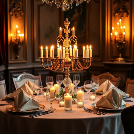 Elegant table setting with candles and glassware in luxury restaurantの素材