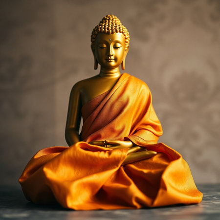 Buddha statue with orange cloth on gray background, close upの素材