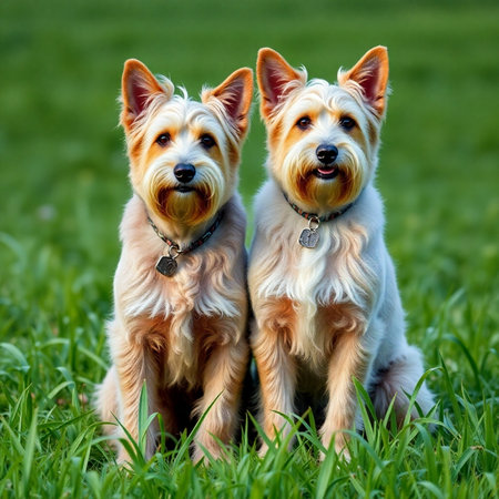Two yorkshire terrier dogs sitting on the green grass in summerの素材
