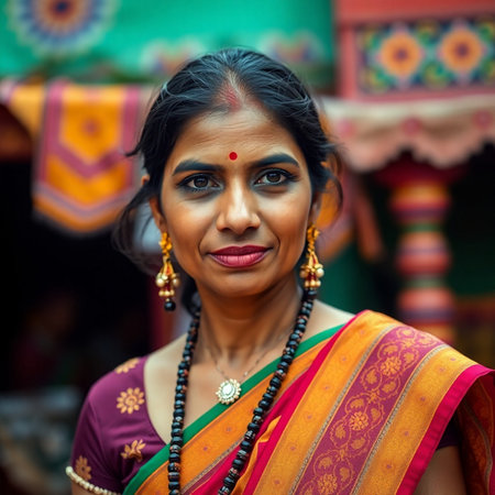 Indian woman wearing saree and jewelry, posing at a temple.の素材