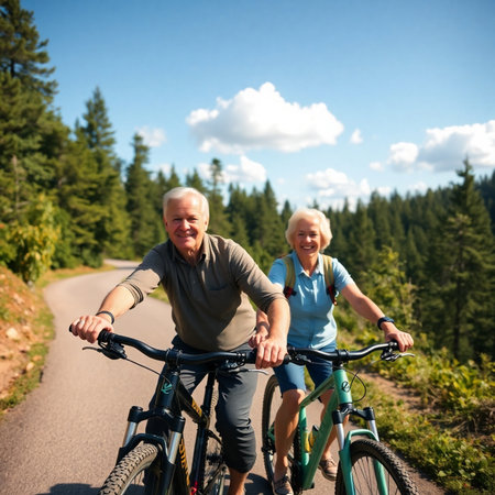 Senior couple riding mountain bikes in summer forest. Active senior man and woman cycling together.の素材