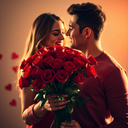 Young couple in love holding a bouquet of red roses on a light backgroundの素材