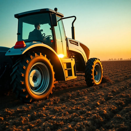 Farmer in tractor preparing land with seedbed cultivator at sunsetの素材