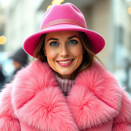 Beautiful woman in pink fur coat and hat on the street.の素材