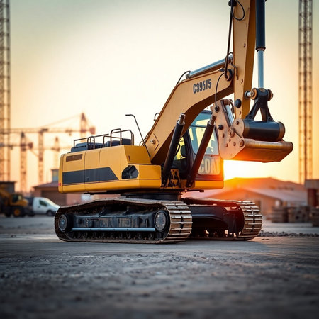 Excavator working on a construction site at sunset. industrial backgroundの素材