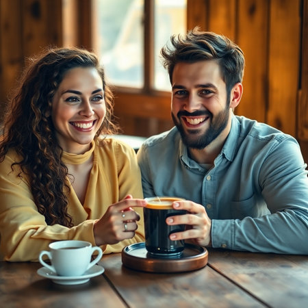 Happy young couple drinking coffee in cafe. Smiling man and woman drinking coffee.の素材