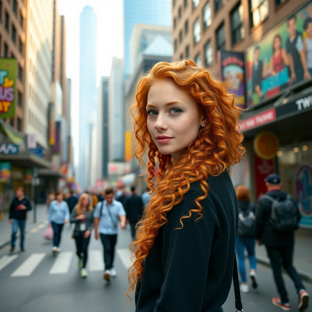 Beautiful redhead girl walking in the street of New York Cityの素材