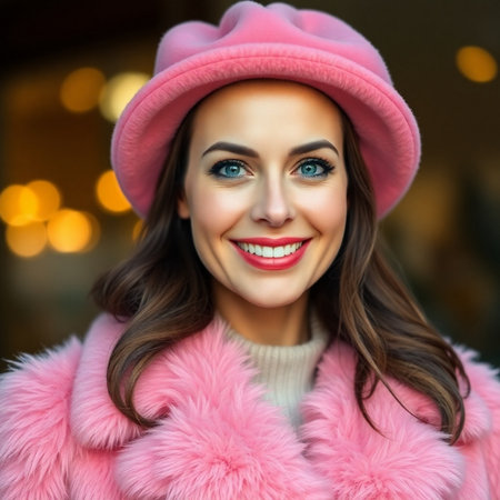 Portrait of a beautiful smiling woman in pink fur coat and beretの素材