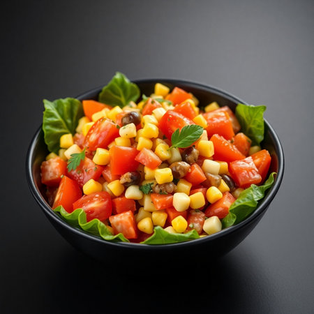 Mexican salad with corn, tomato, pepper and onion in black bowlの素材