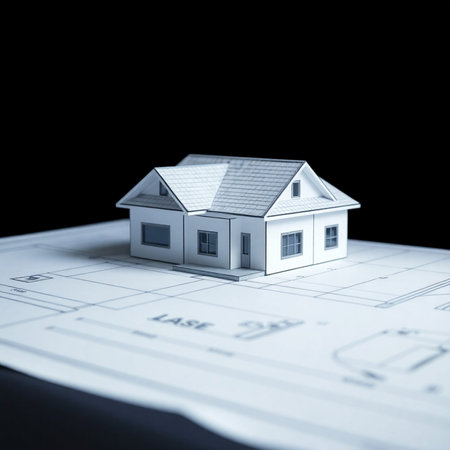 House model on blueprint. Real estate concept. 3D illustration.の素材