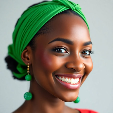 Portrait of beautiful African American woman with green turbanの素材