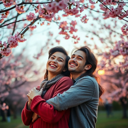 Happy asian couple hugging and smiling in blooming sakura gardenの素材