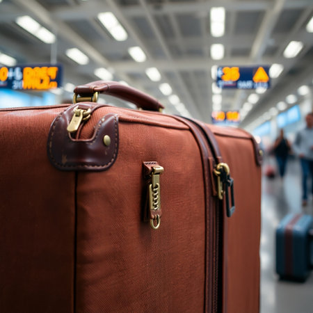 Suitcases in the airport terminal waiting for departure or arrival.の素材