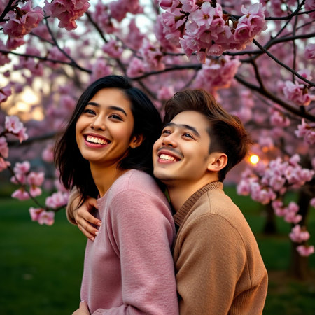 Happy asian couple embracing in front of blooming sakura treeの素材