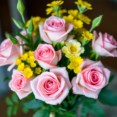 Bouquet of pink roses and yellow flowers in vase.の素材