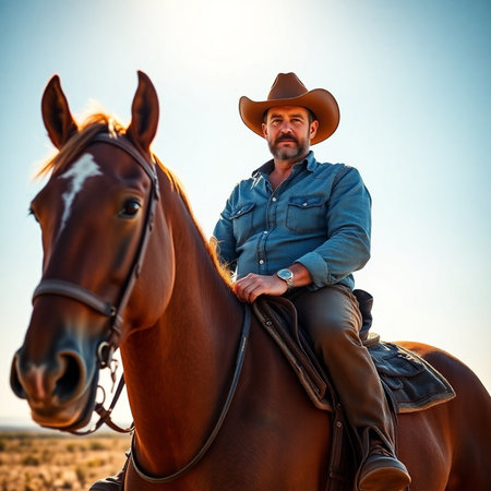 Cowboy sitting on horseback and looking at camera in sunny dayの素材