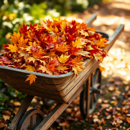 wheelbarrow full of autumn leaves in the garden. selective focusの素材