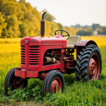 Old red tractor on the field. Agricultural machinery in the countryside.の素材